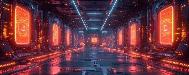 A futuristic sci fi corridor illuminated by glowing red and blue neon lights with intricate circuit patterns