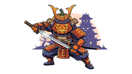 Pumpkin Samurai on the Hunt: A spirited illustration captures a formidable pumpkin samurai in full battle attire, poised and ready for action.