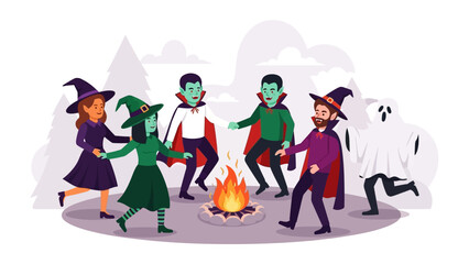 Halloween Gathering: A festive gathering of iconic Halloween characters, gathered around a crackling bonfire, celebrating the spirit of the holiday in an illustrative setting.
