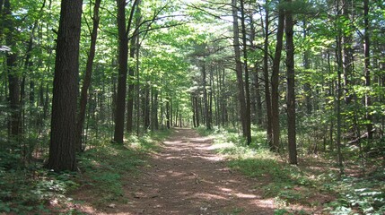 Obraz premium Sunlit path through a dense forest.