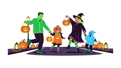 Enchanted Halloween Family: A lively illustration of a family dressed in festive costumes, celebrating Halloween night with joyous enthusiasm and magical ambiance.