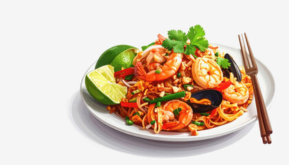 Delicious plate of noodles with shrimp and lime served isolated on a white background with copy space for text