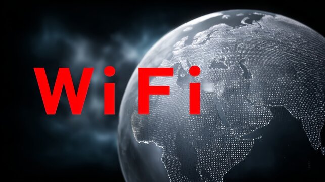 A globe with the word "WiFi" written in red on it. The globe is surrounded by a dark background