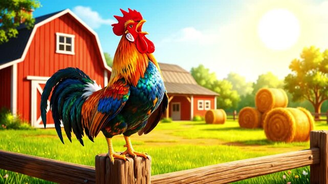 Vibrant Rooster Crowing on Farm Fence Post with Red Barns and Sunny Hay Bales Idyllic Countryside Morning Scene