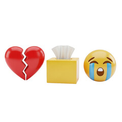 Broken heart sad emoji and tissue box symbolizing emotional distress and grief transparent background