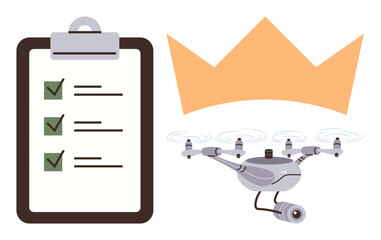 quadcopter with camera, checklist with ticks, and crown highlighting organized tasks, innovation, leadership vision. Ideal for technology, efficiency, planning, robotics goals success simple flat