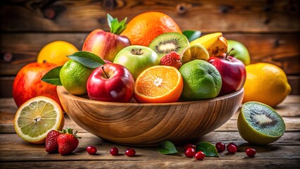 Abundant bowl of fresh colorful ripe fruits on rustic wooden background