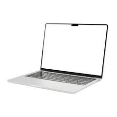 Modern silver laptop with bright white screen displayed open and ready for use transparent background