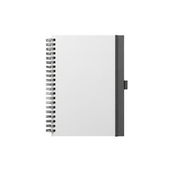 Clean white spiral notebook with dark cover and silver binding isolated transparent background