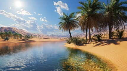 Obraz premium Oasis, desert, palm trees, water, sand, sun, sky, clouds, landscape, nature.