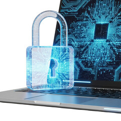 Secure digital data protection with glowing padlock on laptop keyboard data streams transparent background