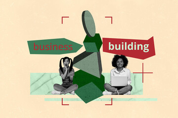 Trendy art creative full zine photo collage of happy businesswoman businessman sit geometric figure tower new business building start