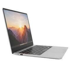 Modern silver laptop displaying mountain landscape on open screen transparent background