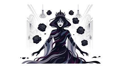 Dark Queen's Domain: An elegant illustration captures a powerful queen, crowned and surrounded by floating black roses within a grand hall, a scene of enigmatic mystique.