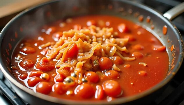 Cooking amatriciana sauce in pan with bubbling tomato base and rendered pancetta 