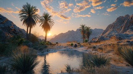 Oasis sunset in desert mountain landscape.