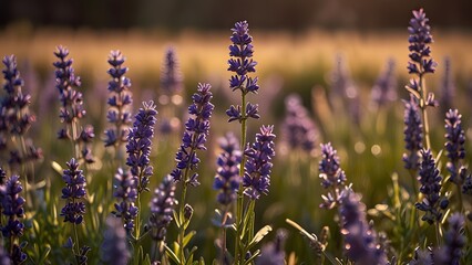 Fototapeta premium A field of blooming purple lavender flowers, which has been beautifully backlit by the golden hour light of the setting sun, is shown in a soft-focus close-up. Serene nature and aromatherapy concept