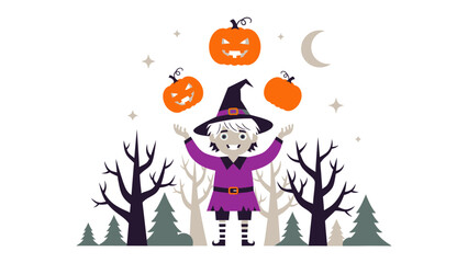 Halloween Enchantment: A whimsical illustration capturing the magic of Halloween, featuring a young witch conjuring pumpkins and casting spells under the moonlit night.
