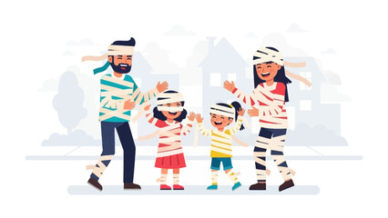 Halloween Mummy Family: A family dressed as mummies joyfully celebrate Halloween in front of houses. Capturing the joyful and spooky atmosphere.