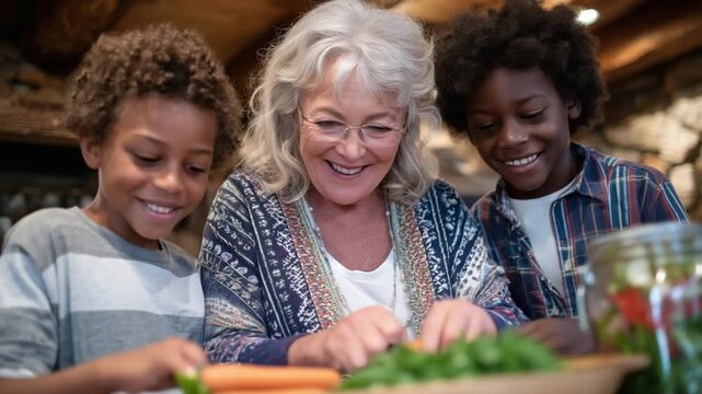 A joyful three-generation family collaborates on a plant-based meal, with grandma peeling carrots, kids arranging greens, and a jar of vibrant vegetable leftovers.
