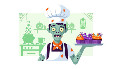 Halloween Zombie Chef's Culinary Delight: A spooky, green-skinned zombie chef, in a pristine uniform, extends a tray laden with delightful, festive cupcakes.