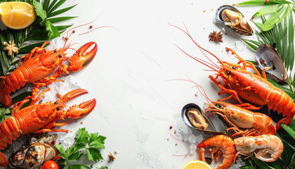 Stunning display of lobster and lobsters on a white surface set against a clean background with copy space available