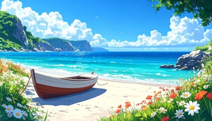Obraz premium Illustration of a boat on a beautiful beach with white sand and flowers, suitable for posters, banners, and tourism bunting, Generative AI