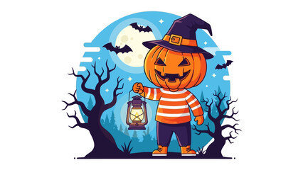 Pumpkin Head Halloween: A cute pumpkin-headed character dons a witch's hat and carries a lantern in a whimsical Halloween scene, capturing the spirit of the holiday.