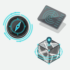 Futuristic navigation vector set. Digital compass, radar screen, and 3D map with location pin. Modern GPS and tracking technology design in neon blue style. Editable EPS 10 vector illustration.