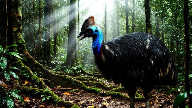 Majestic Southern Cassowary Standing in a Lush Sun-Drenched Tropical Rainforest Vibrant Blue Necked Bird Amidst Mossy Roots and Golden Light Rays in Dense Jungl