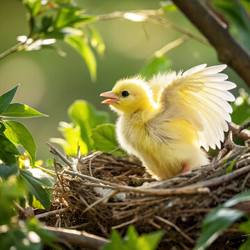 Adorable Baby Bird Chick Resting in a Natural Nest Surrounded by Fresh Green Leaves and Woodland Foliage, Capturing the Beauty of New Life, Nesting Season, Wildlife, Natural Habitat and Peaceful Birdl