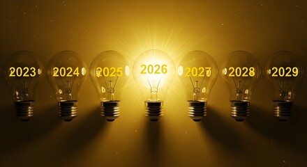 A conceptual image featuring a row of light bulbs, each glowing brightly and displaying a year from 2023 to 2029.