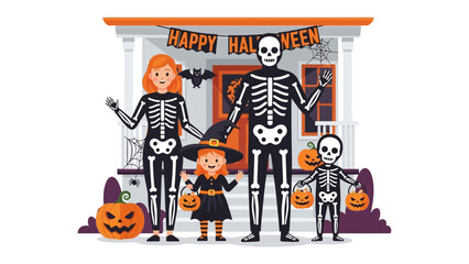 Halloween Family: A family, dressed in skeleton costumes, stands proudly in front of a festively decorated house, embodies the spirit of the holiday season.
