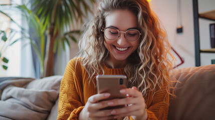 Young smiling woman wearing glasses holding smartphone at home. Happy girl checking cell phone online education apps, texting, browsing internet for shopping sitting at home. Young smiling woman weari