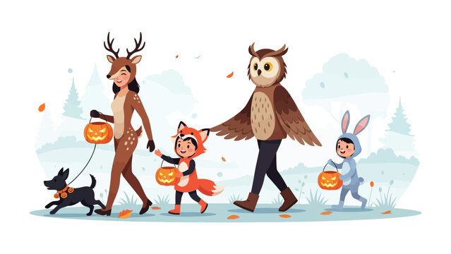 Halloween Costume Family: A family dressed in Halloween costumes walks along, with children in fox and bunny outfits and the parents in owl and deer costumes. The family is walking through the forest.