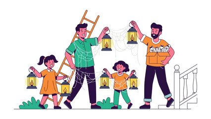 Family of Four Holding Lanterns: A heartwarming illustration of a family, comprising two adults and two children, happily holding lit lanterns. The scene, set amidst a backdrop of anticipation.