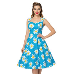 Retro daisy print sleeveless fit and flare vintage style dress for women transparent background