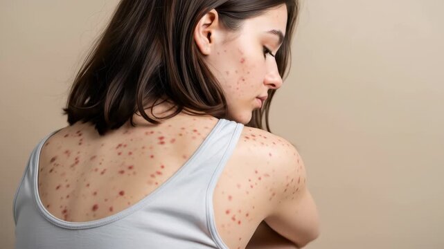 Young woman with skin condition examines back in mirror  closeup perspective