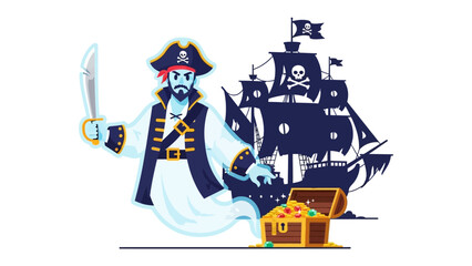 Naklejka premium Ghost Pirate with Treasure and Ship: A spectral pirate, complete with traditional attire and a gleaming cutlass, stands guard over a treasure chest.