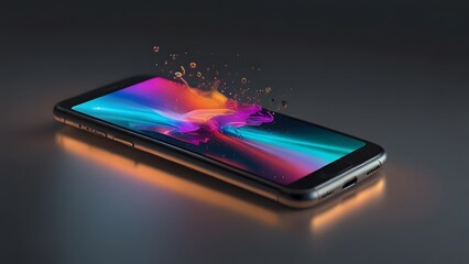 A conceptual image where a vibrant explosion of colorful digital energy has been illustrated emerging from the screen of a modern black smartphone. Digital technology and creativity concept