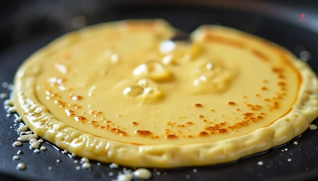 Cooking bindaetteok batter on griddle with bubbling surface and golden brown color developing 