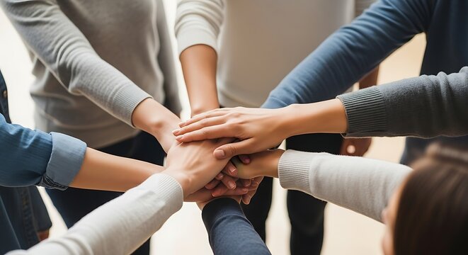 A diverse group of people with their hands stacked in a circle, symbolizing unity, teamwork, and collaboration in a closeup shot