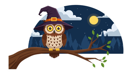 Spooky Owl in the night: An owl perched upon a branch, wearing a wizard's hat under a moonlight sky setting. a whimsical embrace of the night and mystery. 