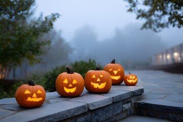 Carved pumpkins illuminated on a foggy Halloween evening Generative AI