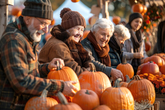 Smiling seniors enjoy a festive autumn day picking pumpkins at a harvest market, surrounded by vibrant gourds and cozy fall vibes