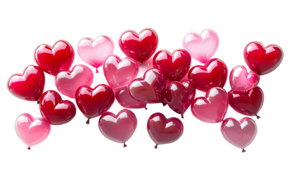 Red and pink balloons in heart shapes floating gracefully as a romantic decoration symbolizing love and celebration for special occasions isolated on transparent background PNG