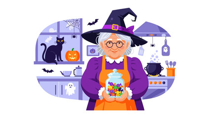 Whimsical Halloween Witch: A charming witch in a purple dress and a pointy hat, stands smiling and holding a jar of candy, ready for the festivities of Halloween.