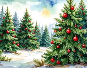 Watercolor Christmas tree scene