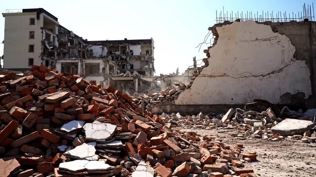 Large pile of red bricks and concrete debris from a partially demolished building This urban demolition site showcases wreckage construction and the aftermath o