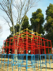 冬の公園のジャングルジムと欅の枯れ木風景